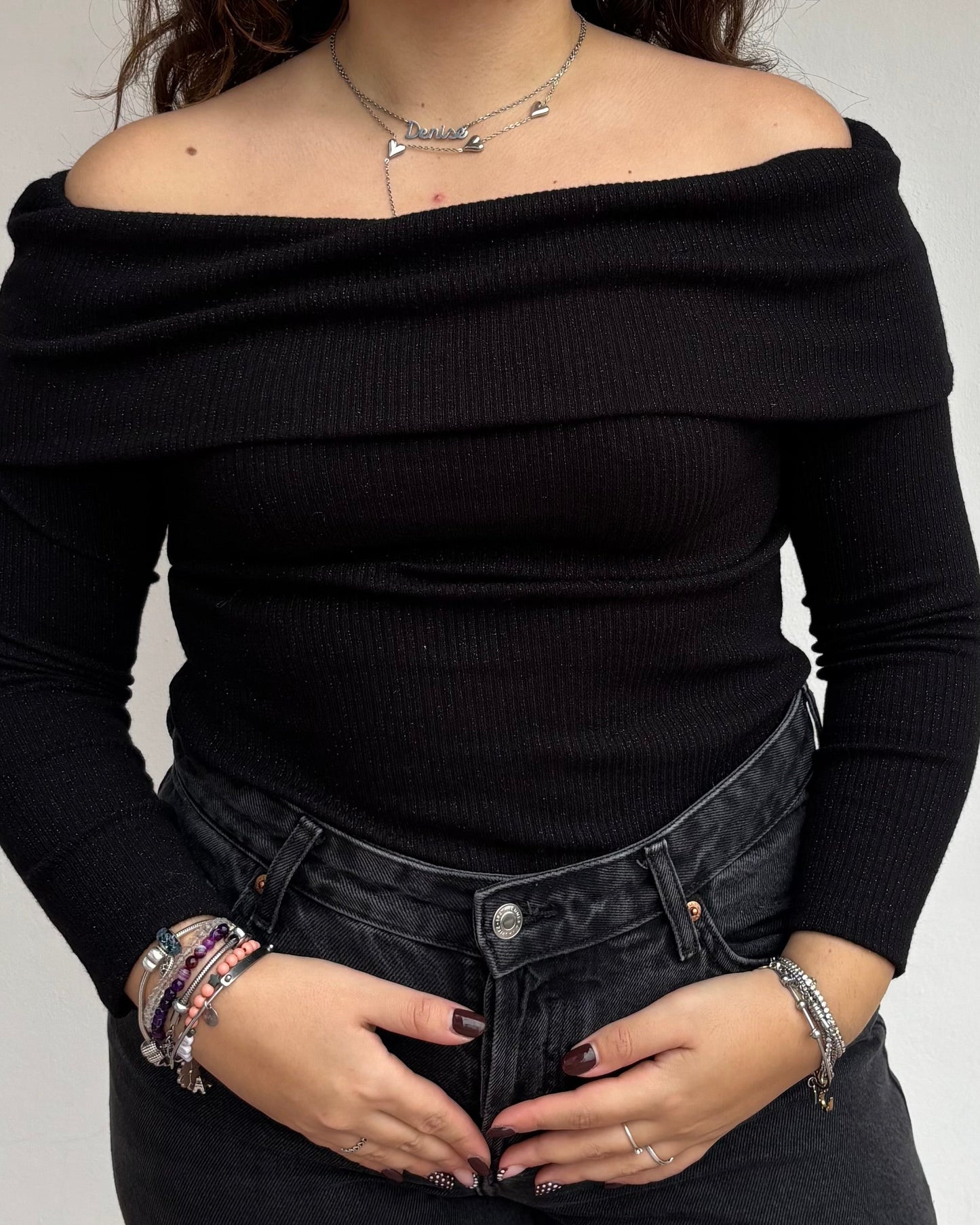 Maglia in lurex con scollo alla bardot